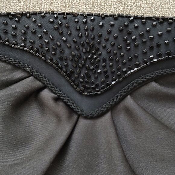 Black Satin Pleated Evening Shoulder Bag with Bead Detail - Picture 6 of 10